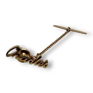 Gold Tone Charles Name Pin With Chain Tie Tack Lapel Script Cursive Handwriting
